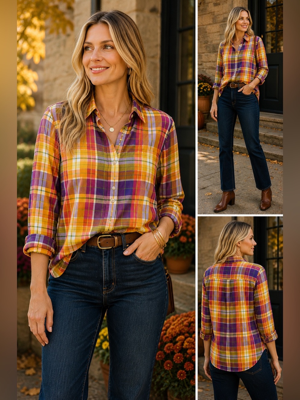 NWOT Linda Allard Ellen Tracy Plaid Button-Up Shirt in Mustard, Purple & Olive